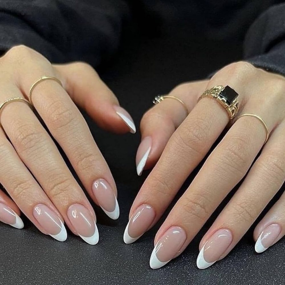 almond french tip designs Bulan 5 French Tip Press on Nails Almond Shape Fake Nails Medium Length Acrylic  Nails Glossy Nude with French Tip Designs False Nails White Nail Tips Full