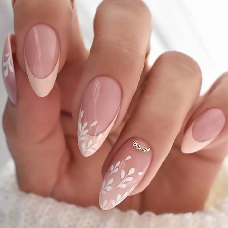 almond french tip designs Bulan 5 Pcs Almond French Tip Fake Nails Medium Press on False Nails with White  Leaf Designs Light Yellow Nail Tip Acrylic Nails Almond Shaped Stick on