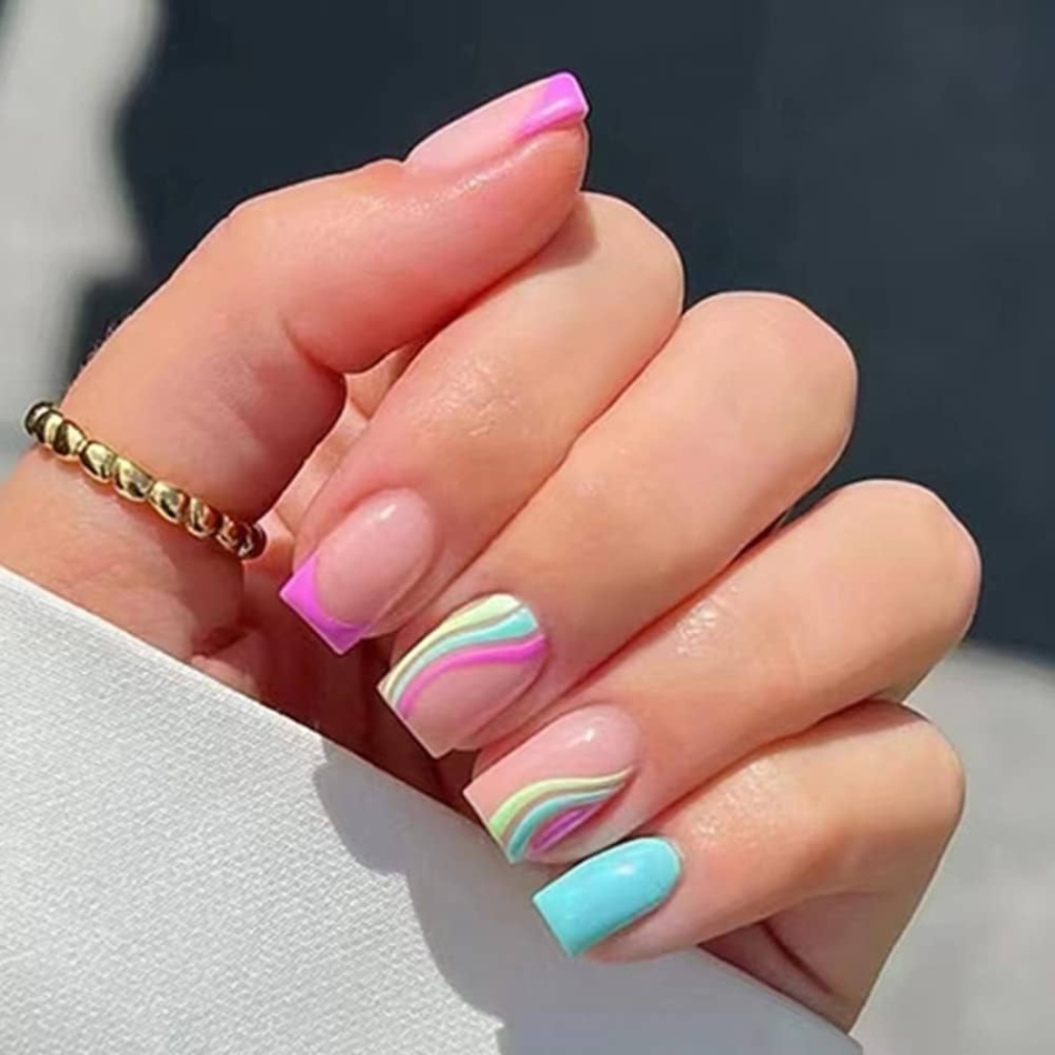 colored nail designs Niche Utama Home Color Curve Press on Nails Short Square Fake Nails Acrylic Ballet Exquisite  Color Summer Blue Pink Lines Design adhesive tape on Nails Design Nails