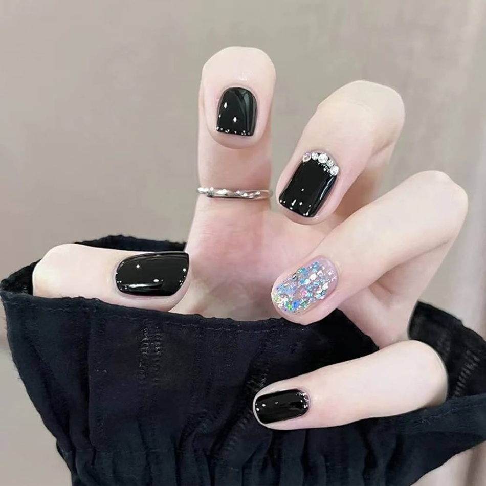 short black nail designs Niche Utama Home Press on Nails Fake Nails Extra Short Square with Black Glitter Designs  Full Cover French Tip Glossy Stick Acrylic False Nail Kit Glue on Nails for