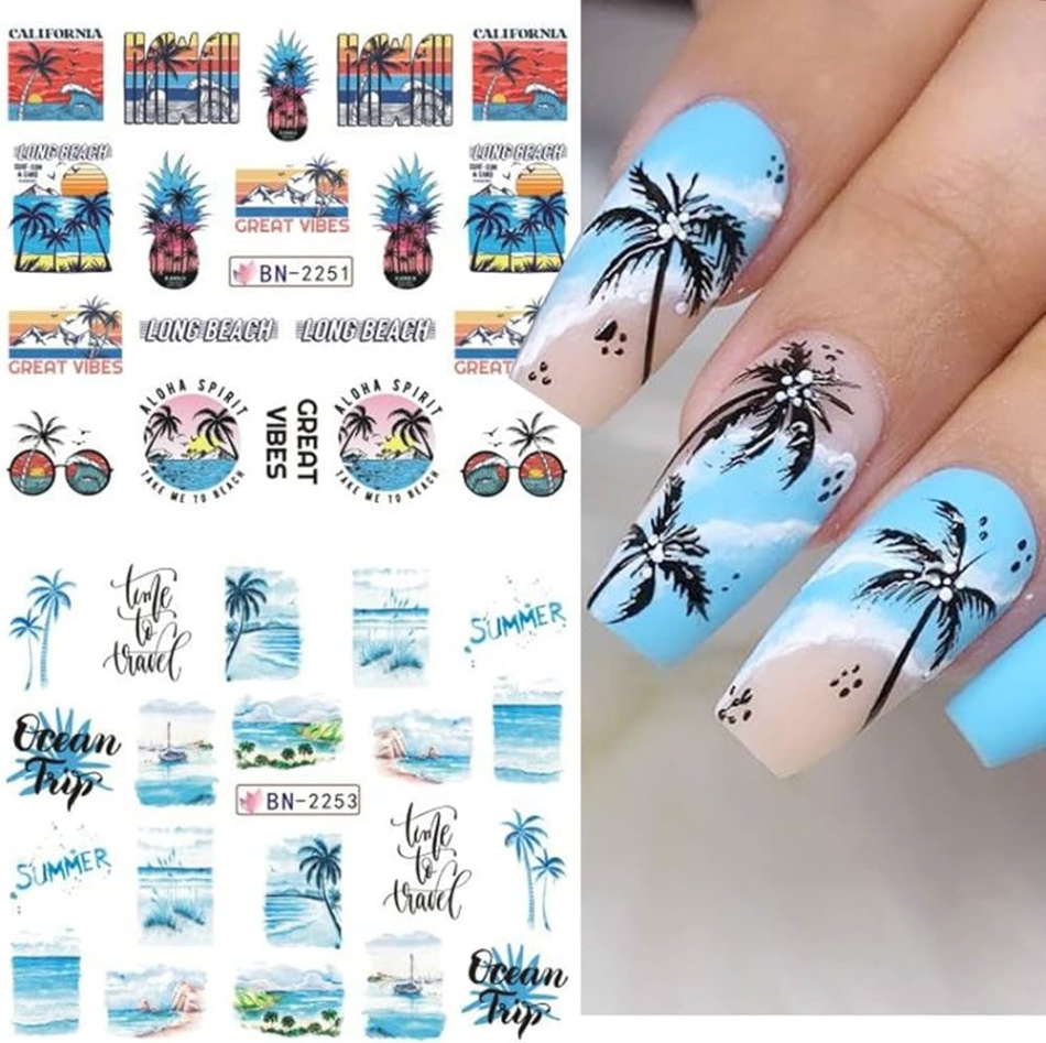 tropical nail designs Niche Utama Home Summer Palm Tree Nail Art Stickers, Water Transfer Coconut Tree Nail Decals  for Nail Art, Tropical Style Ocean Beach Nail Design Sticker for DIY Nails