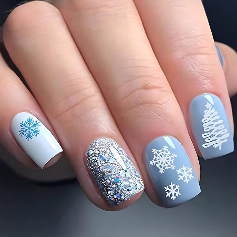 blue christmas nail designs Niche Utama Home Pcs Christmas Press on Nails with Blue White Snow Designs Glossy Square  Full Cover Xmas Artificial Fake Nails Coffin Short Acrylic Winter False